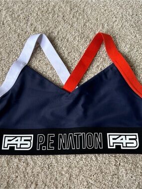P.E X F45 Nation Navy Swim Bralette with Red & White Straps